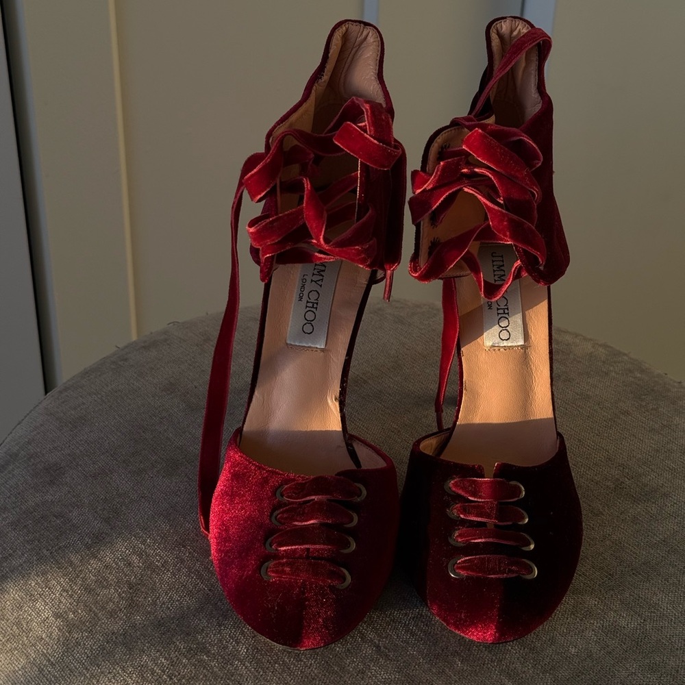 Jimmy Choo Red Velvet Lace-Up Heels with Ribbon Detail